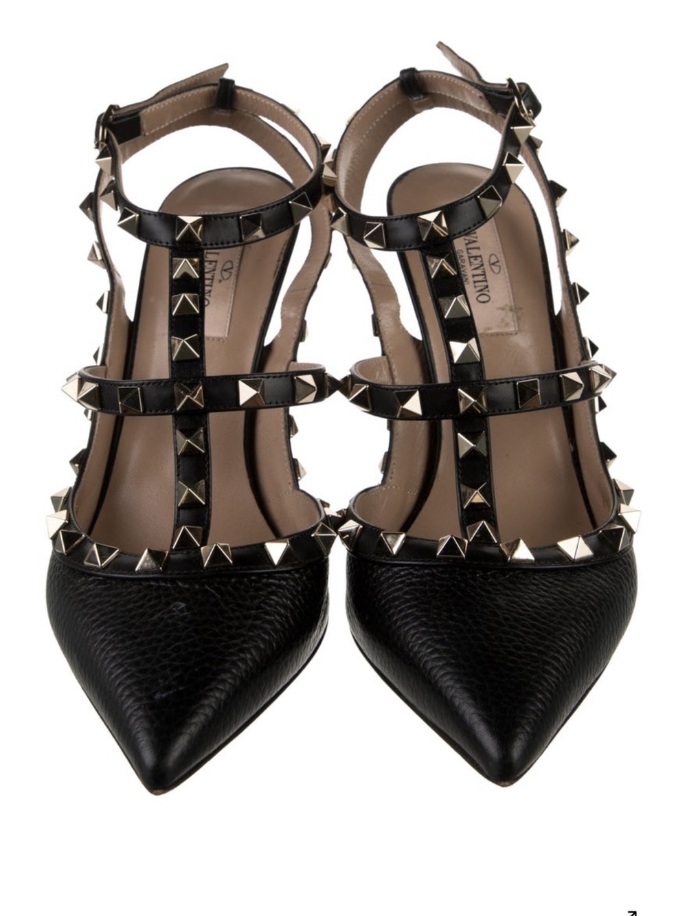 Valentino Black Leather Studded T-Strap Pointed Heels